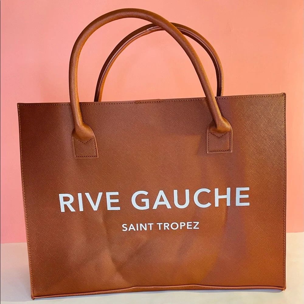NEW TRENDY COGNAC RIVE GAUCHE VEGAN LEATHER TOTE - Picture 2 of 5